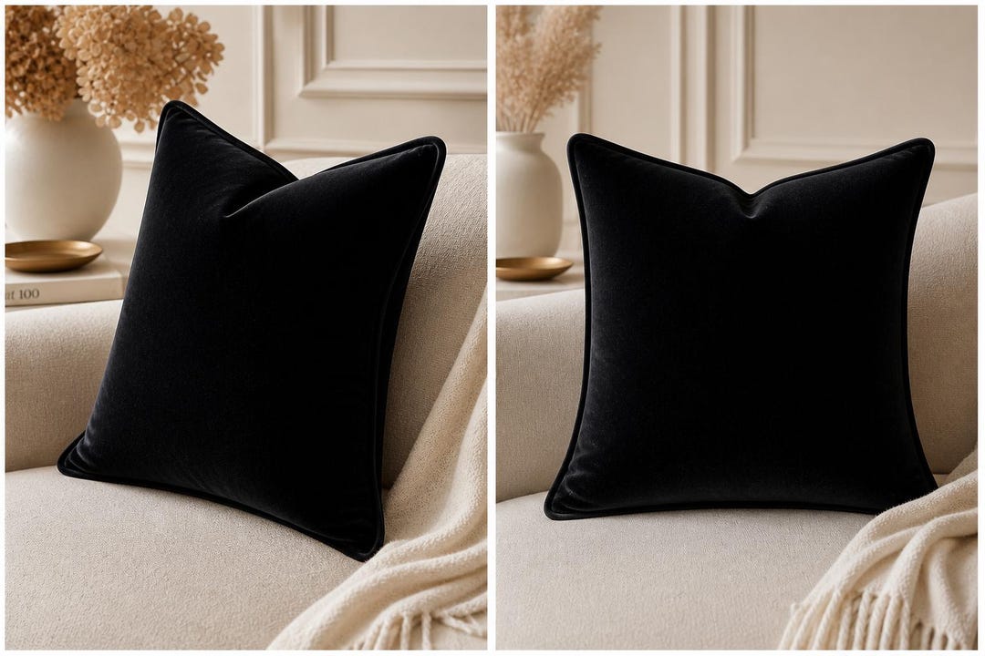 Luxury black velvet cushion on cream sofa, elegant home decor accent