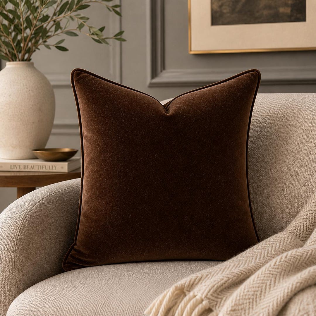 Luxury brown velvet cushion on beige sofa with cozy throw, styled living room decor