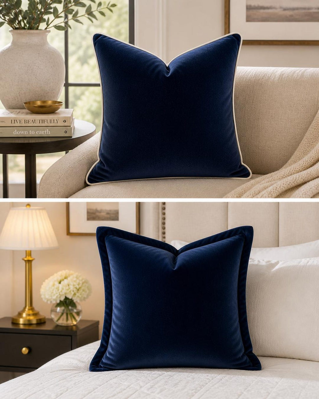 Navy velvet throw pillow with contrast piping, styled on luxury sofa and bed for modern living spaces