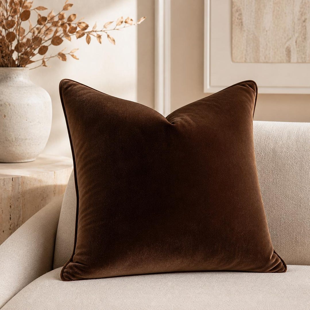 Luxury brown velvet throw pillow on beige sofa, modern living room decor