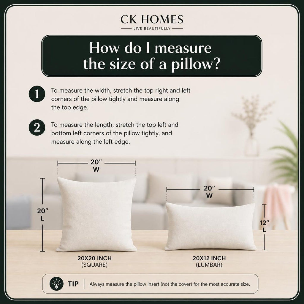 Guide to measuring square and lumbar pillow sizes for accurate fit, 20x20 inch and 20x12 inch options shown