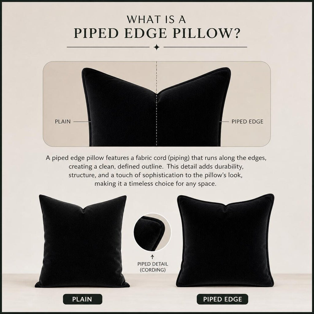 Black velvet piped edge pillow vs plain pillow, showcasing cording detail for luxury home decor