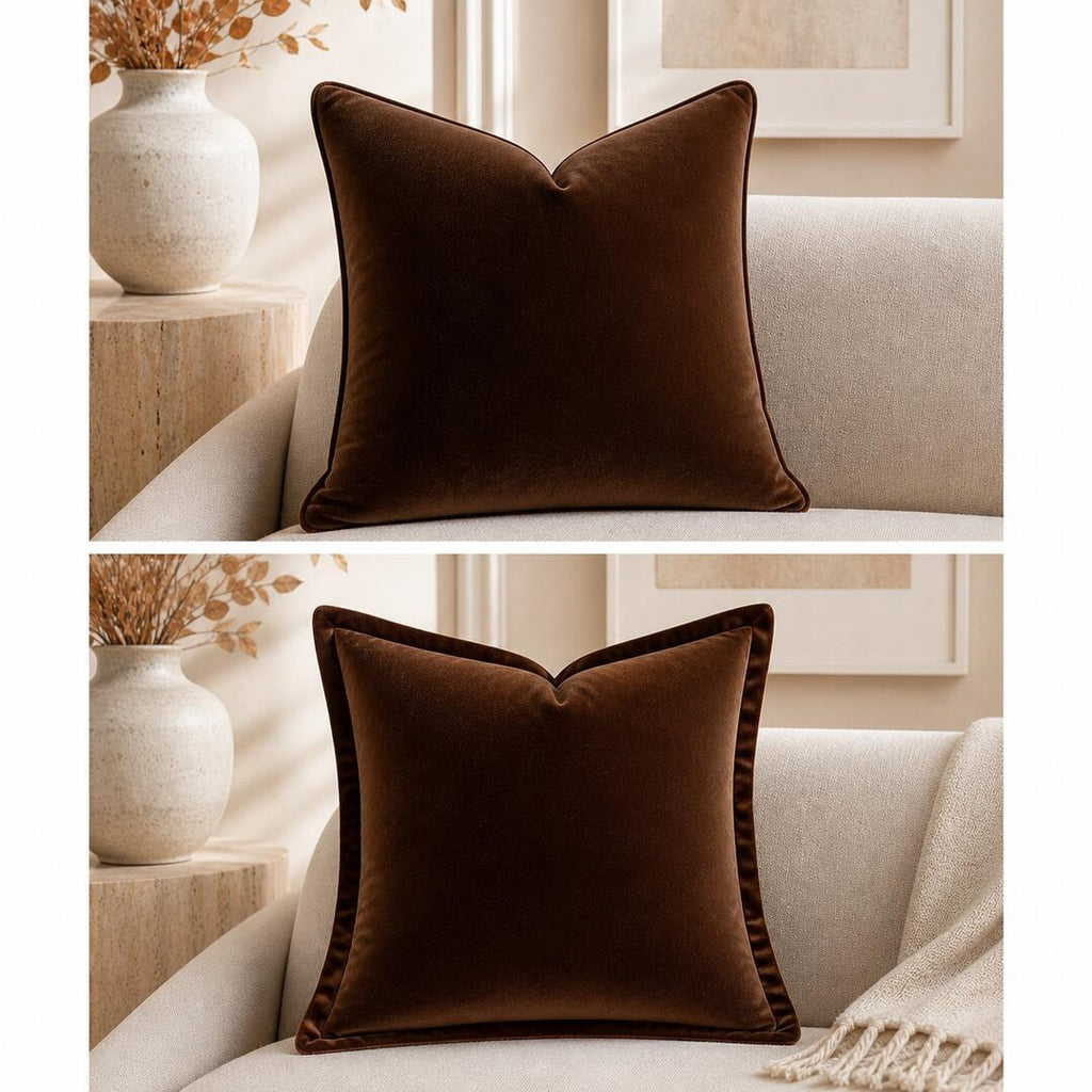 Luxury brown velvet throw pillow on beige sofa, modern living room decor