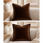 Luxury brown velvet throw pillow on beige sofa, modern living room decor