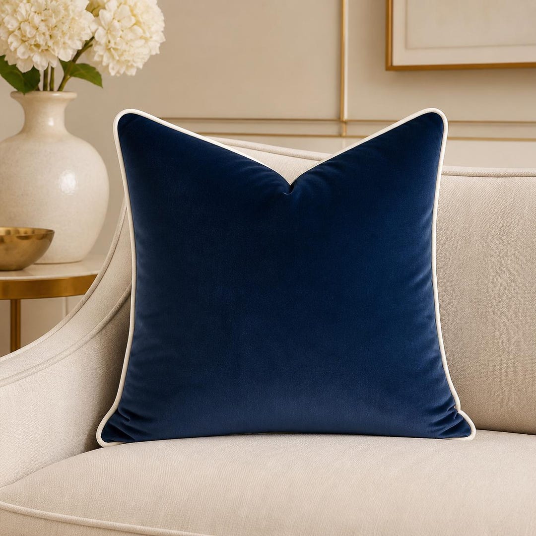 Navy velvet throw pillow with white piping on beige sofa, luxury home decor accent