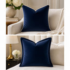 Luxury navy velvet cushion with contrast piping, styled on sofa and bed for elegant home decor
