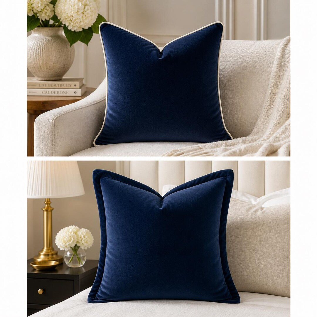 Luxury navy velvet cushion with contrast piping, styled on sofa and bed for elegant home decor