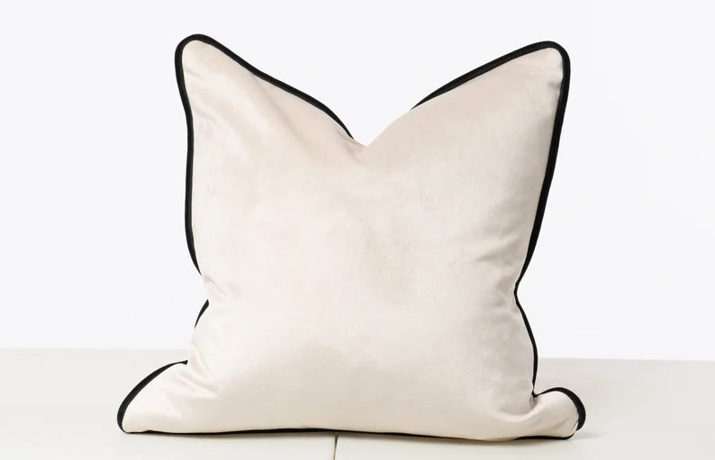 Cream velvet throw pillow with black piping, luxury home decor accent for sofas and beds