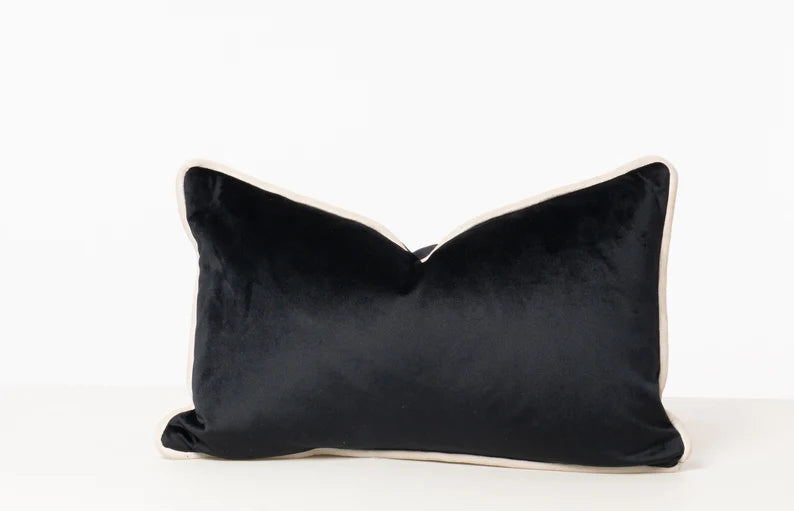 Black velvet lumbar pillow with cream piping, luxury home decor accent for sofas and beds