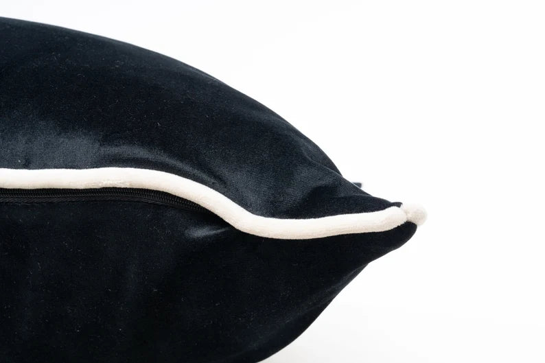 Black velvet cushion with cream piping detail, luxury home decor accent