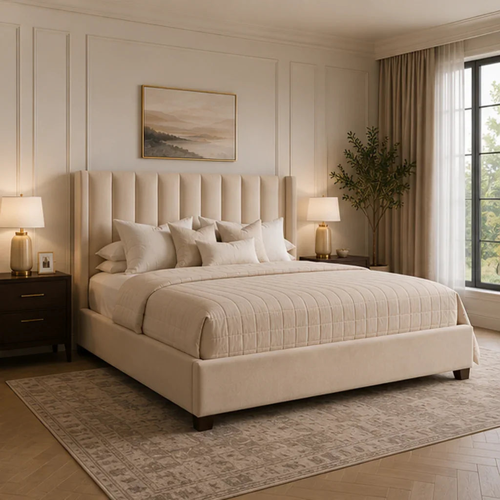 Luxury beige upholstered bed with tufted headboard in elegant bedroom, perfect for UK homes