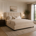 Luxury beige upholstered bed with tufted headboard in elegant bedroom, perfect for UK homes