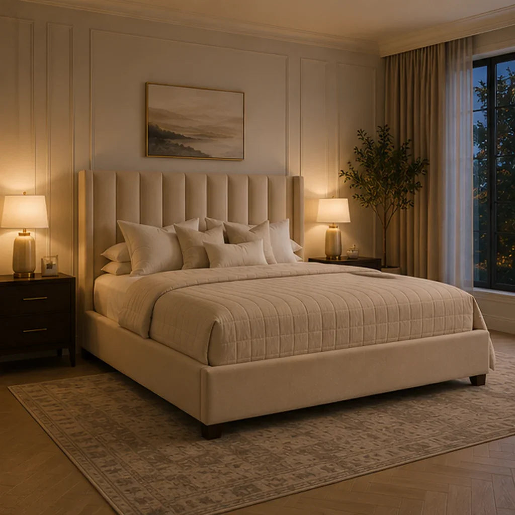 Luxury beige upholstered bed with tufted headboard in cozy bedroom, perfect for modern home decor