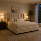 Luxury beige upholstered bed with tufted headboard in cozy bedroom, perfect for modern home decor