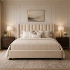 Luxury beige upholstered bed with tufted headboard, matching nightstands, and soft bedding in modern bedroom