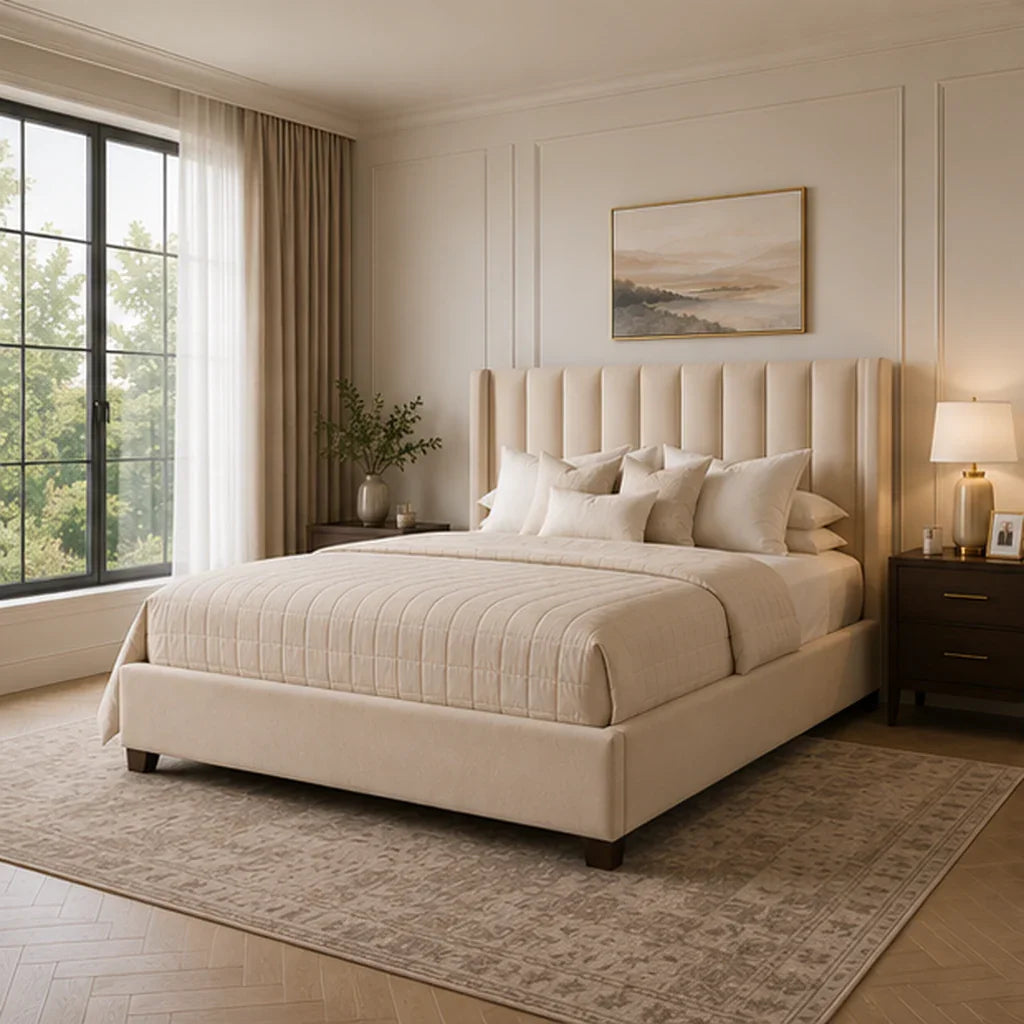 Luxury upholstered bed with tufted headboard in neutral tones, styled with plush pillows and quilted bedding in modern bedroom.