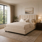 Luxury upholstered bed with tufted headboard in neutral tones, styled with plush pillows and quilted bedding in modern bedroom.