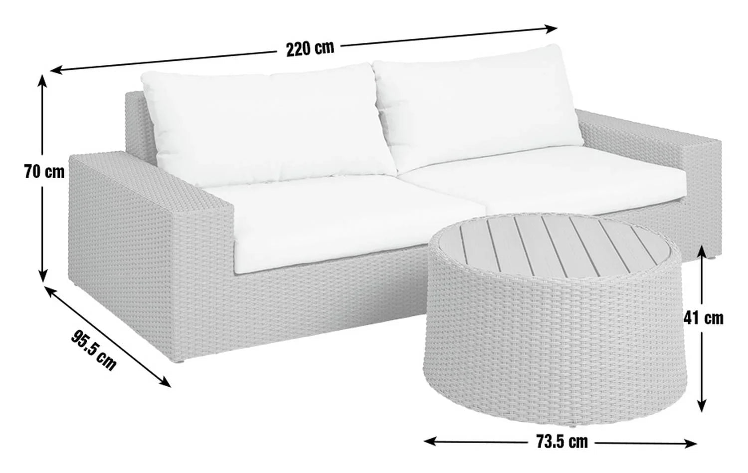 Grey wicker outdoor sofa set with white cushions and round coffee table, dimensions shown