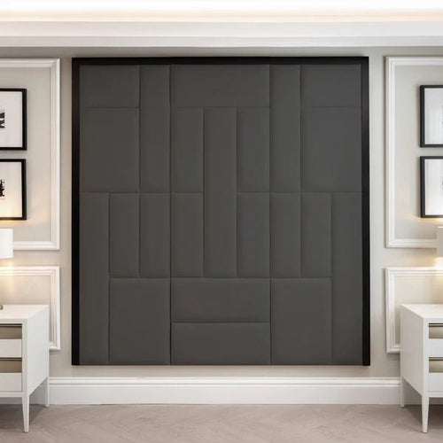 CK Living Atelier Premium abstract upholstered wall-mounted headboard in shadow grey and black, designed for modern beds.