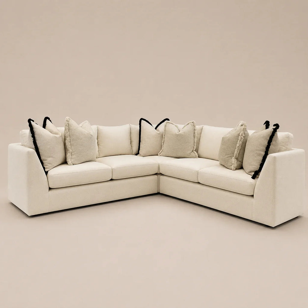 Luxury cream corner sofa with black trim pillows, modern sectional for living room comfort