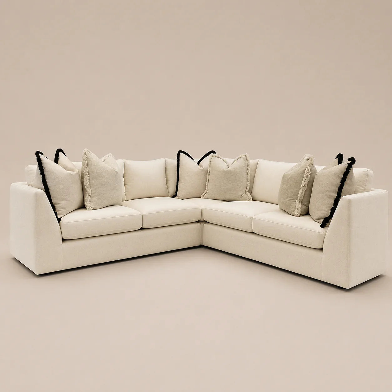 Luxury cream corner sofa with black trim pillows, modern sectional for living room comfort
