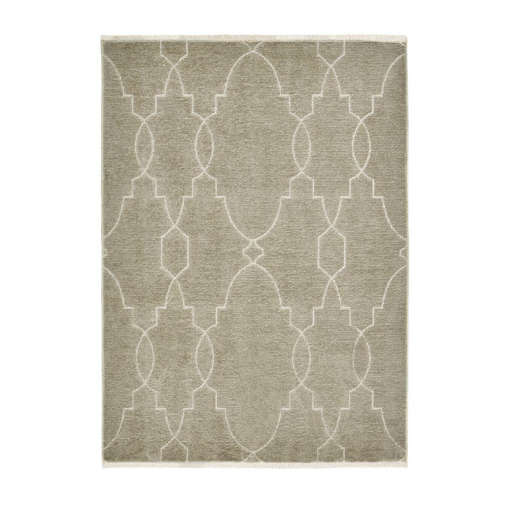 Beige area rug with white geometric lattice pattern and fringe edges, ideal for modern living rooms.