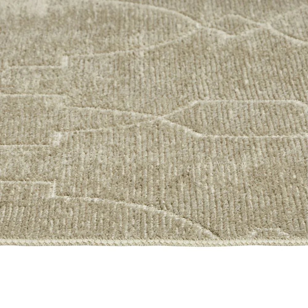 Beige textured area rug with geometric pattern, soft plush pile for living room or bedroom
