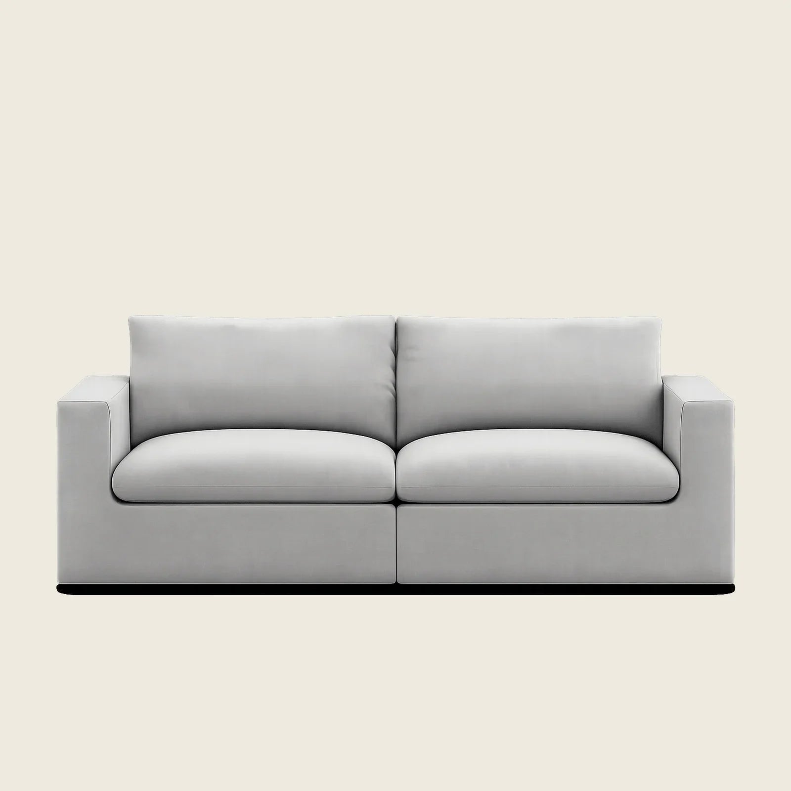 Modern light gray two-seater sofa with clean lines and plush cushions, ideal for luxury living rooms