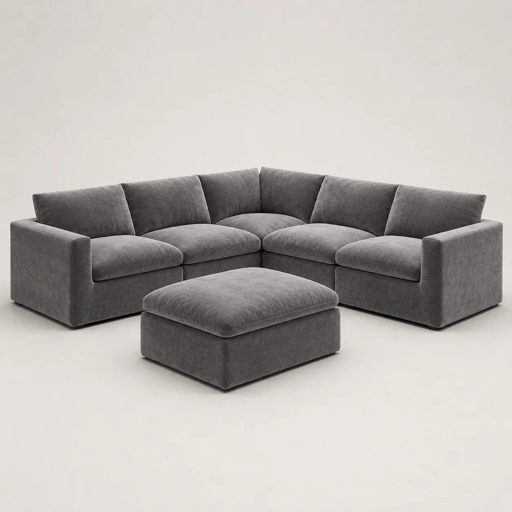 Gray sectional sofa with matching ottoman, modern luxury living room furniture