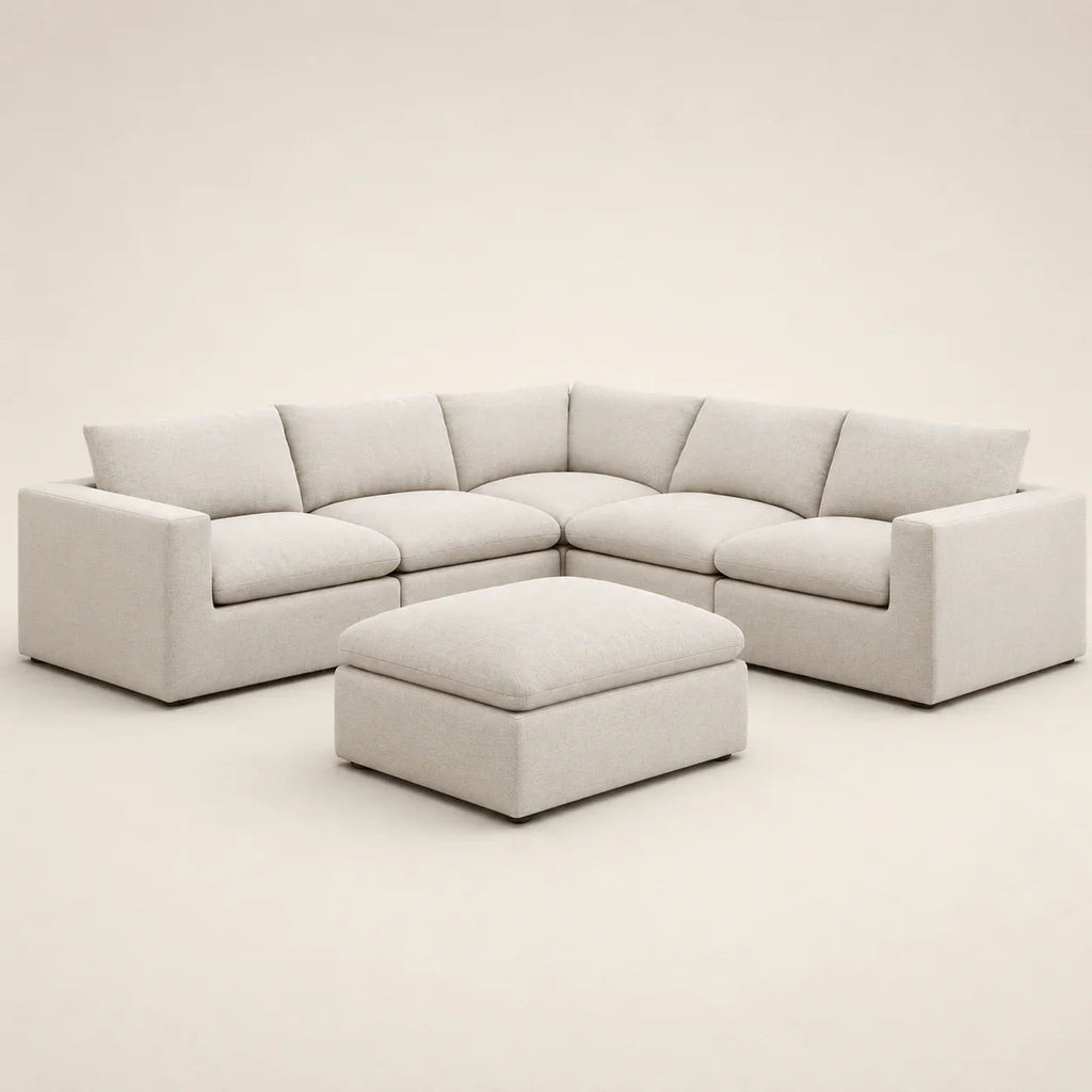 Modern beige sectional sofa with matching ottoman, luxury living room furniture