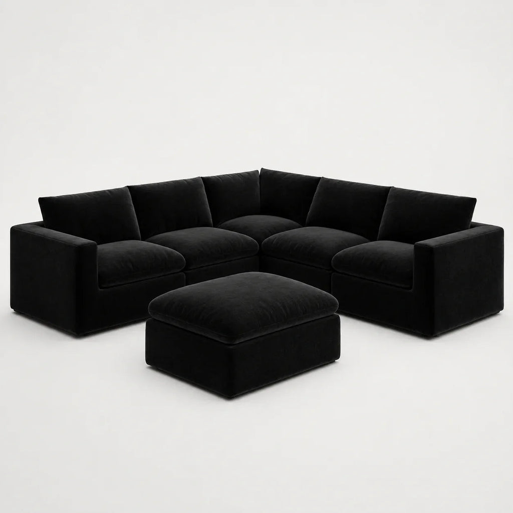 Black velvet sectional sofa with matching ottoman, modern luxury living room furniture