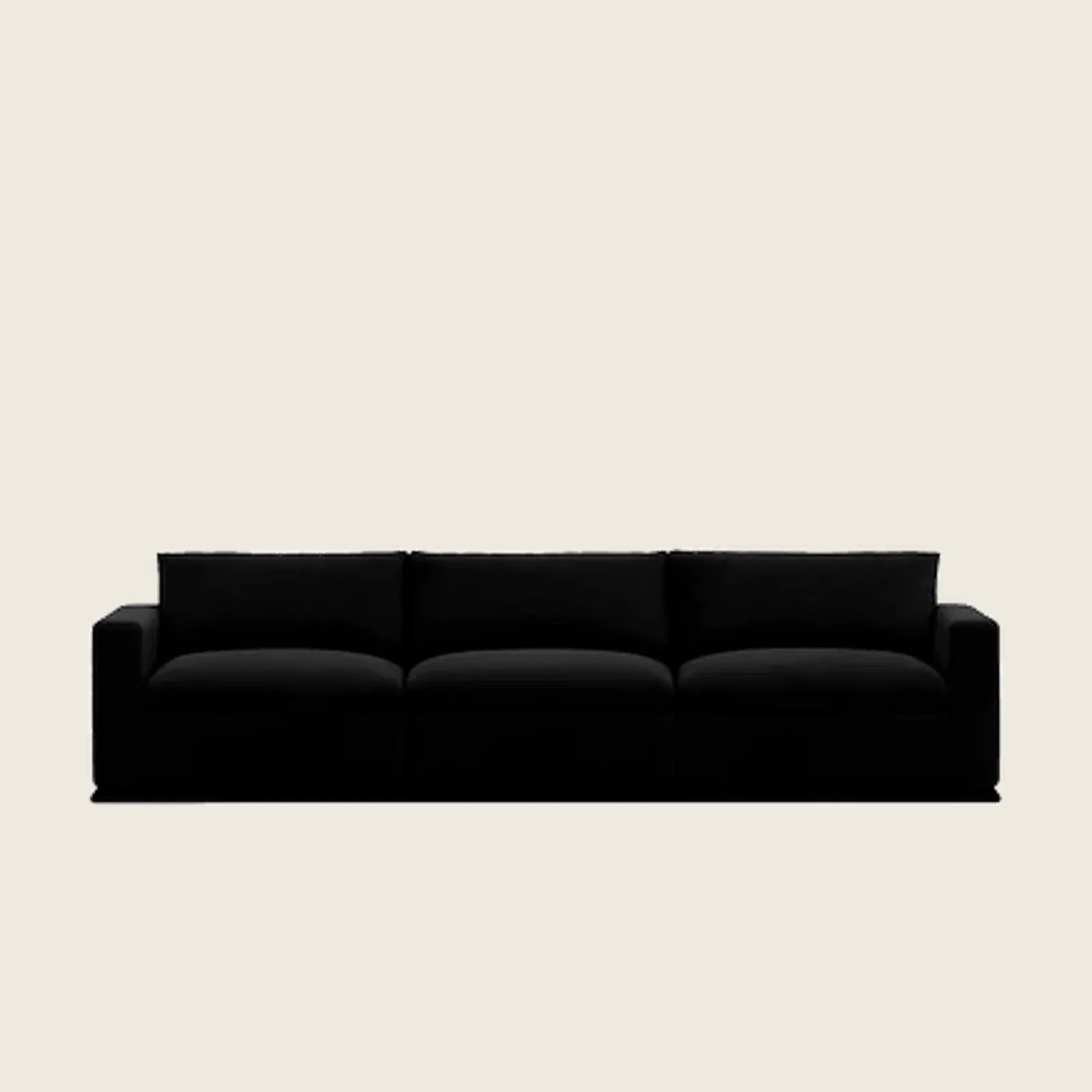 Black three-seater luxury sofa with plush cushions, modern design for living room comfort