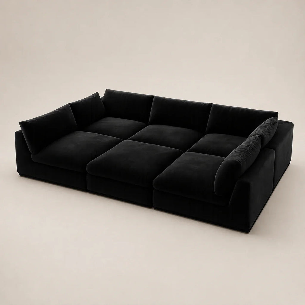 Black velvet modular sofa with plush cushions, modern luxury living room furniture