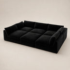 Black velvet modular sofa with plush cushions, modern luxury living room furniture