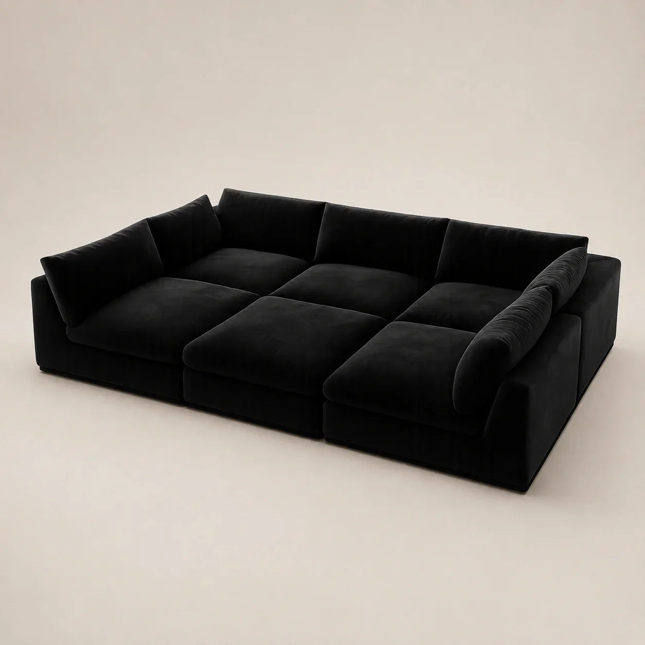 Black velvet modular sofa with plush cushions, modern luxury living room furniture