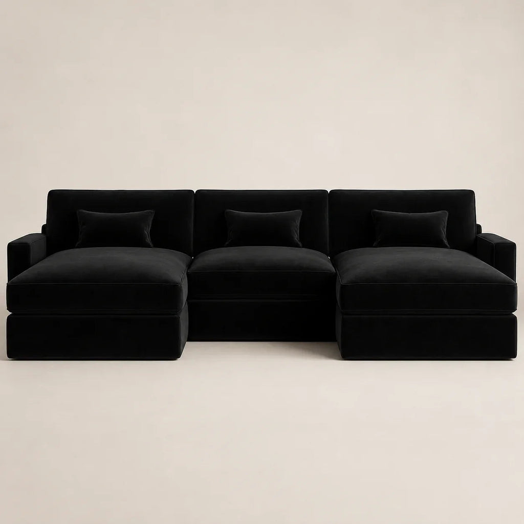Luxury black velvet sectional sofa with chaise, modern design for living room comfort