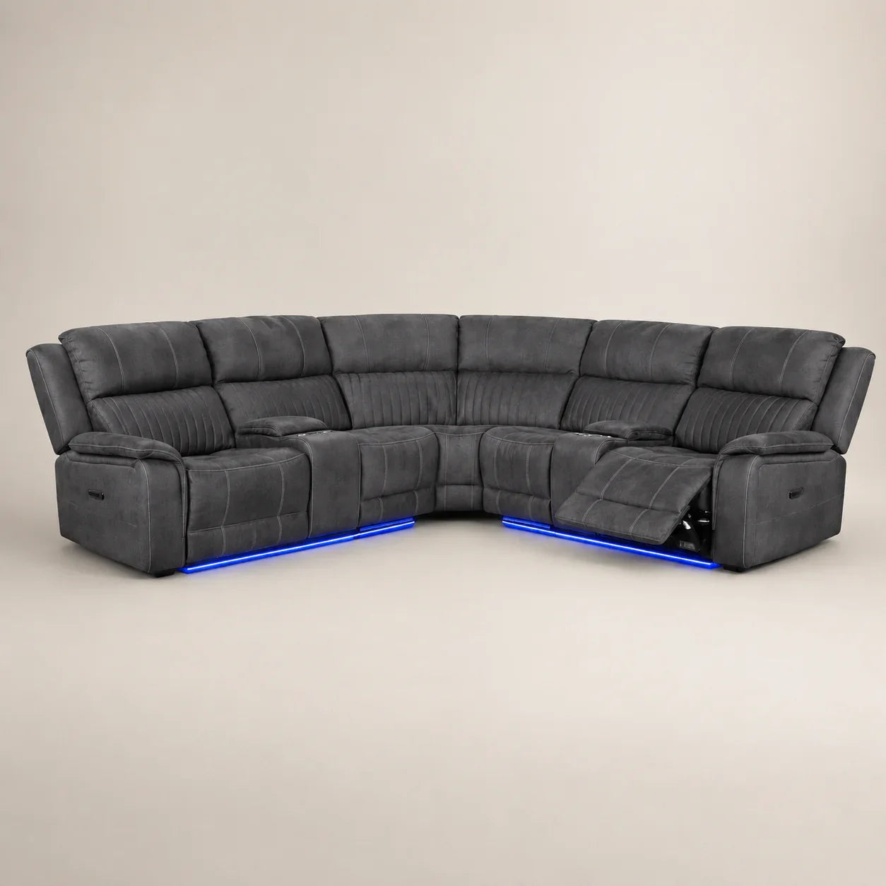 Large grey reclining sectional sofa with blue LED lighting, perfect for luxury living rooms