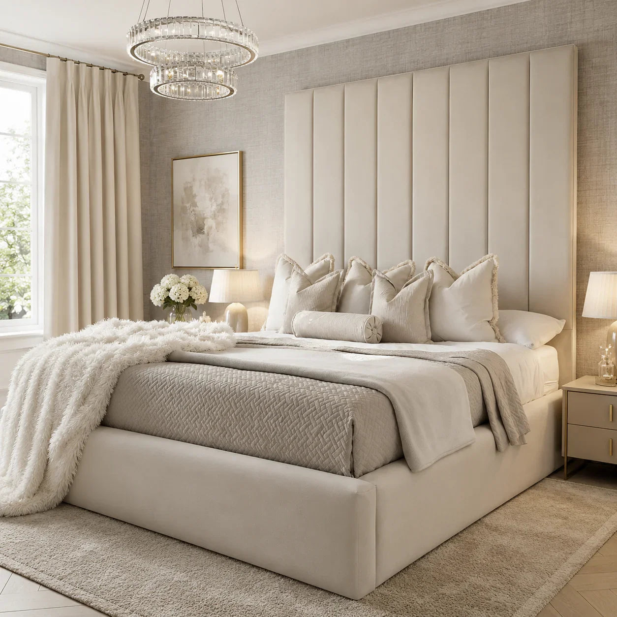 Luxury beige upholstered bed with tufted headboard, plush bedding, and crystal chandelier in modern bedroom
