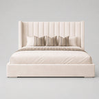Luxury upholstered bed with tufted headboard, striped pillows, and neutral bedding for modern bedrooms
