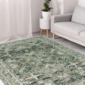 Vintage-style green area rug with distressed pattern in modern living room