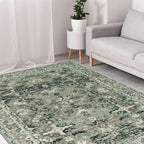Vintage-style green area rug with distressed pattern in modern living room