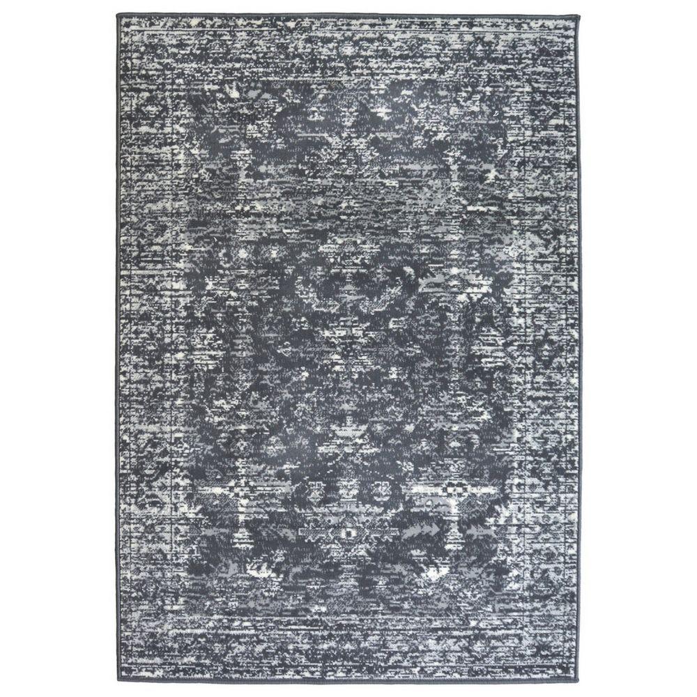Grey vintage-style area rug with distressed pattern, ideal for living room or bedroom decor