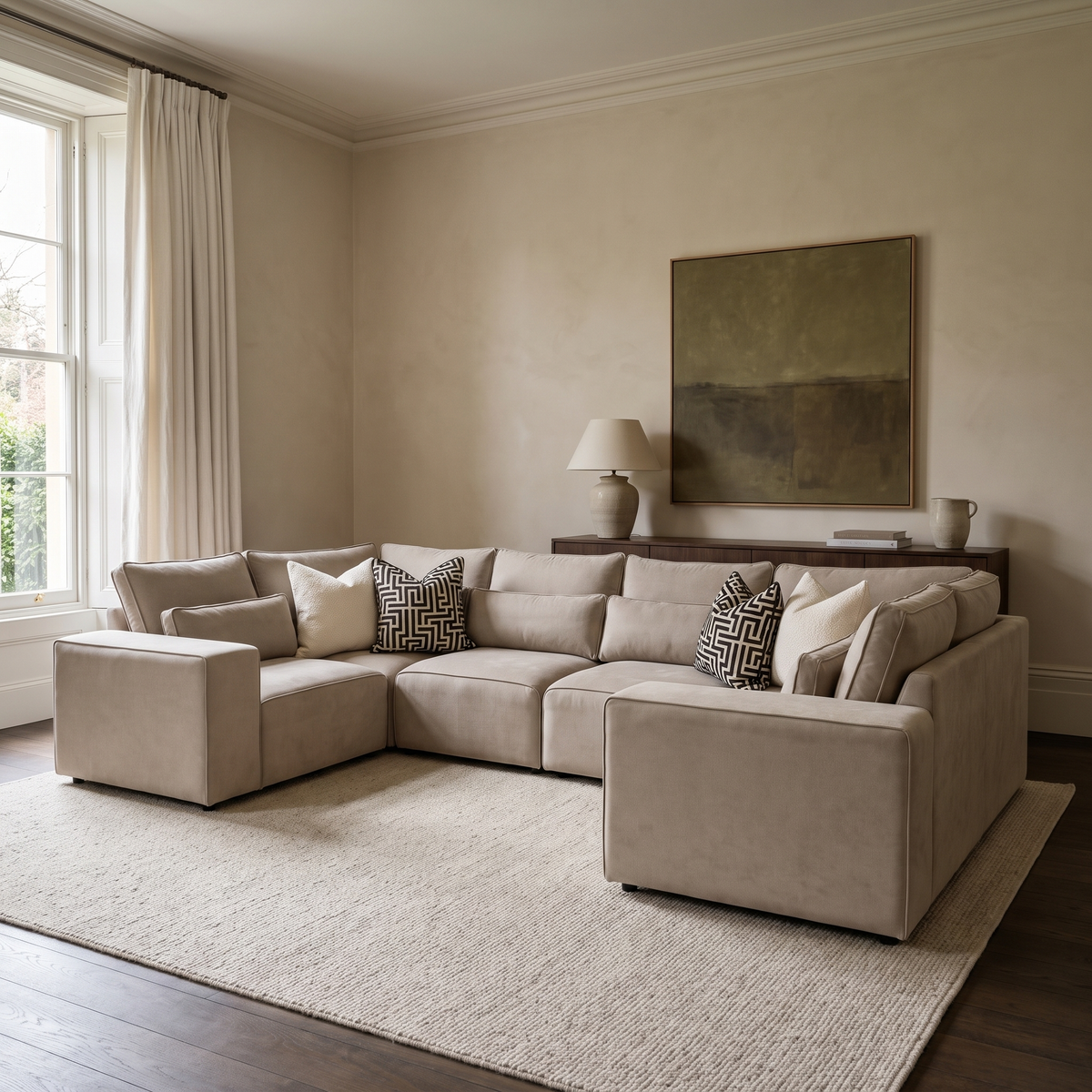 Maison Closed-End U-Shape Sofa in a warm neutral living room with natural window light