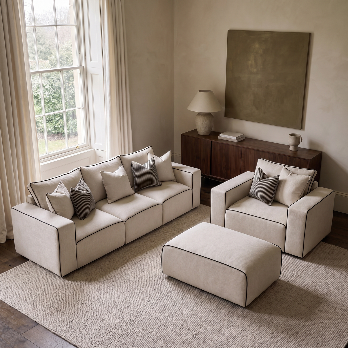 Maison Premium Sofa Set - 3 Seater, Armchair and Footstool viewed from above in a warm neutral living room