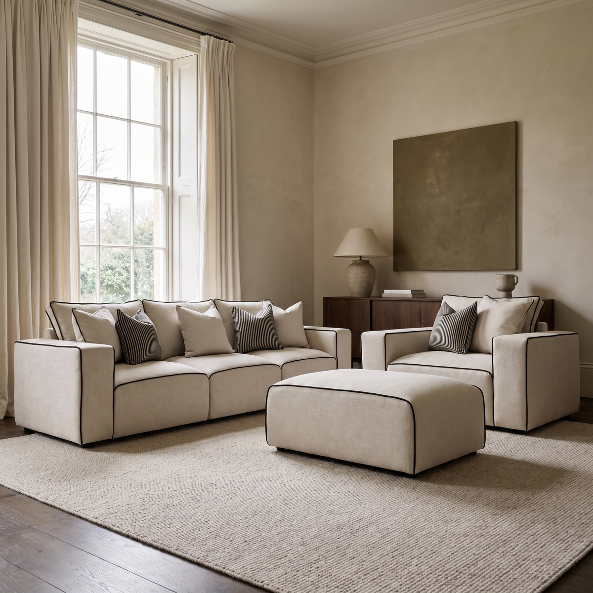 Maison Premium Sofa Set - 3 Seater, Armchair and Footstool in a warm neutral living room with natural window light