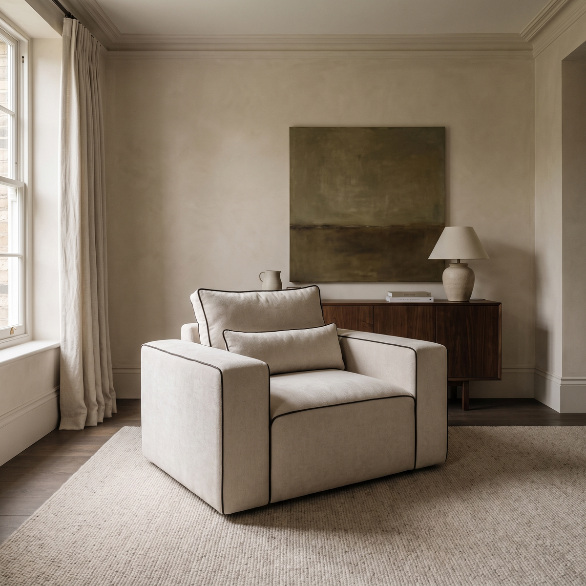 Maison Armchair in a warm neutral living room with natural window light