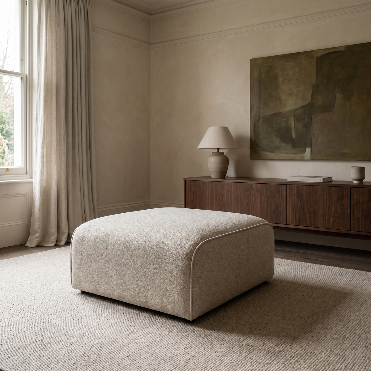 Maison Footstool in a warm neutral living room with natural window light