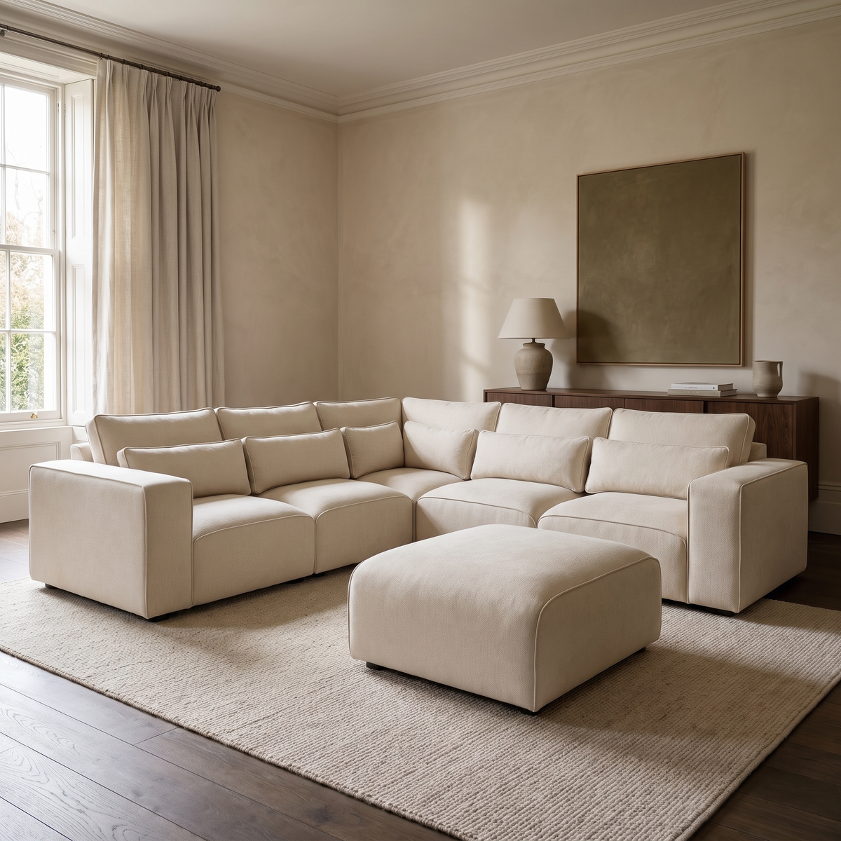 Maison 5 Piece Double Corner Sofa & Footstool Bundle in a warm neutral living room with natural window light