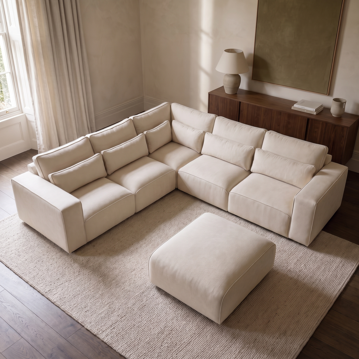 Maison 5 Piece Double Corner Sofa & Footstool Bundle from an elevated camera angle showing the seating layout and fabric