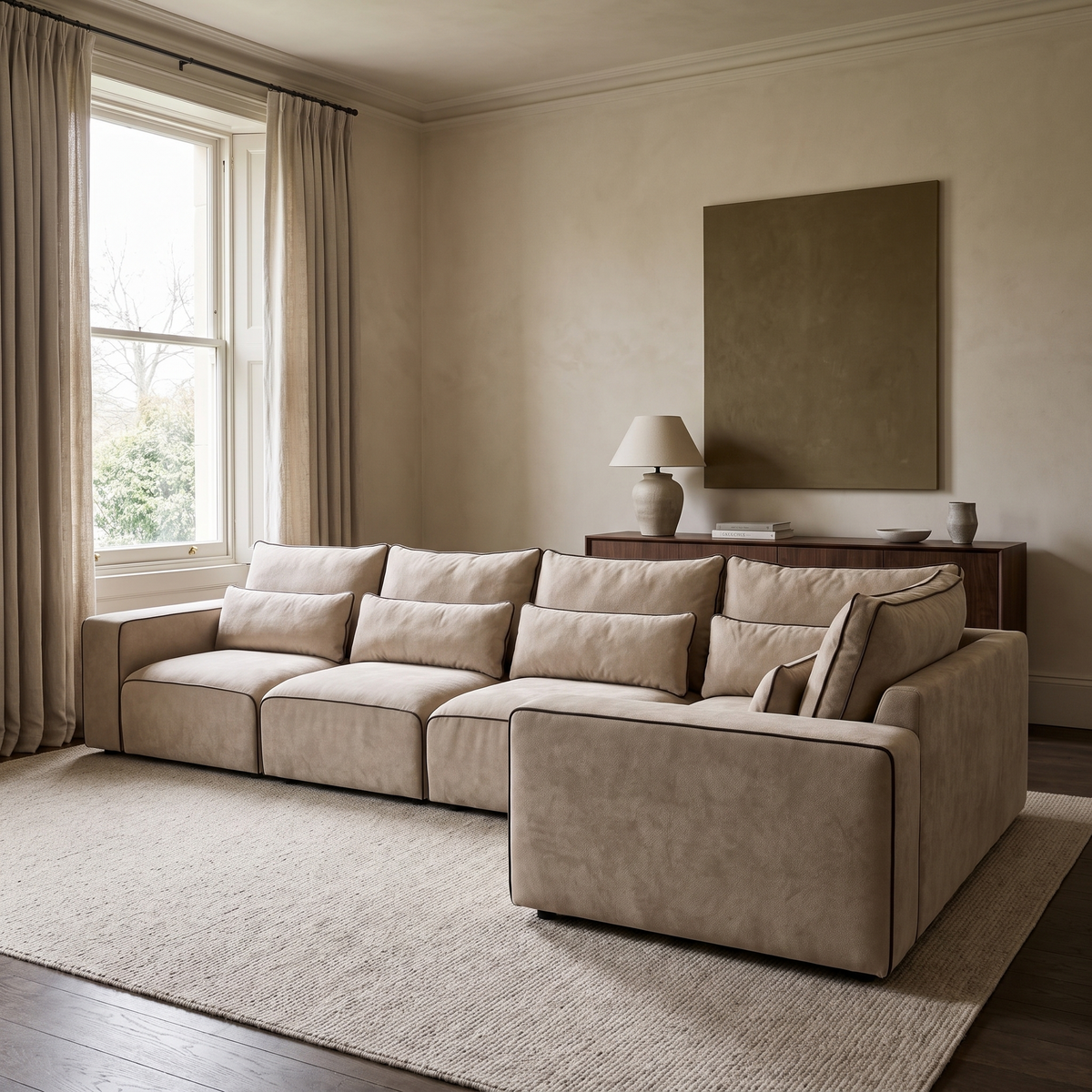 Maison 5 Piece Modular Single Corner Sofa in a warm neutral living room with natural window light